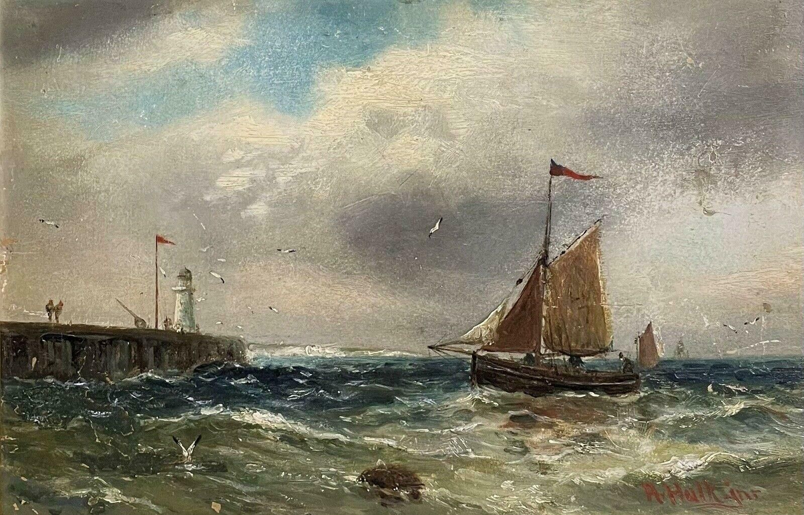 Abraham Hulk Jnr 1851   1922victorian British Marine Oil Painting, Fishing Boat Off A Jetty In Stormy Waters19th Century