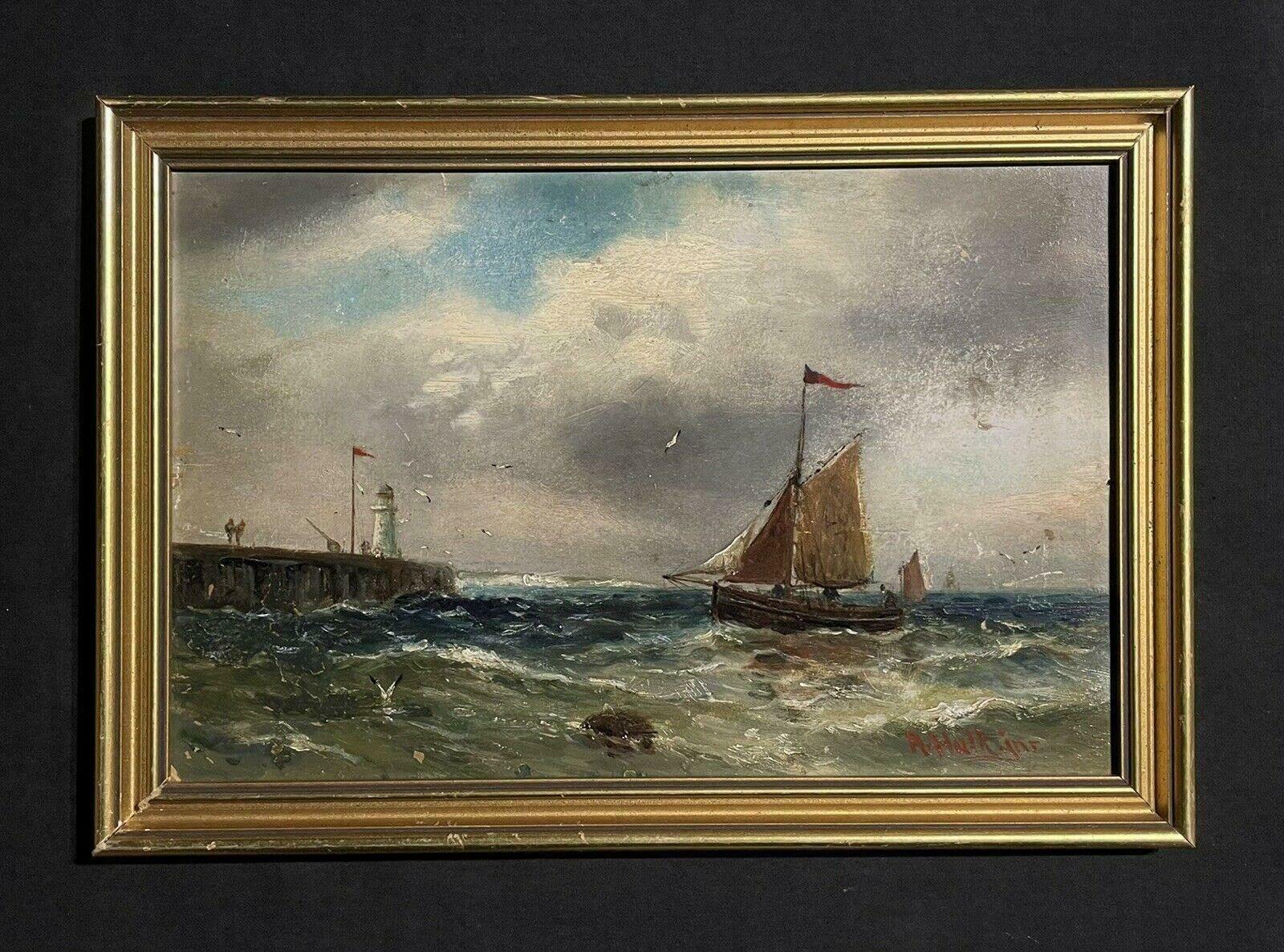 Abraham Hulk Jnr 1851   1922victorian British Marine Oil Painting, Fishing Boat Off A Jetty In Stormy Waters19th Century photo furniture