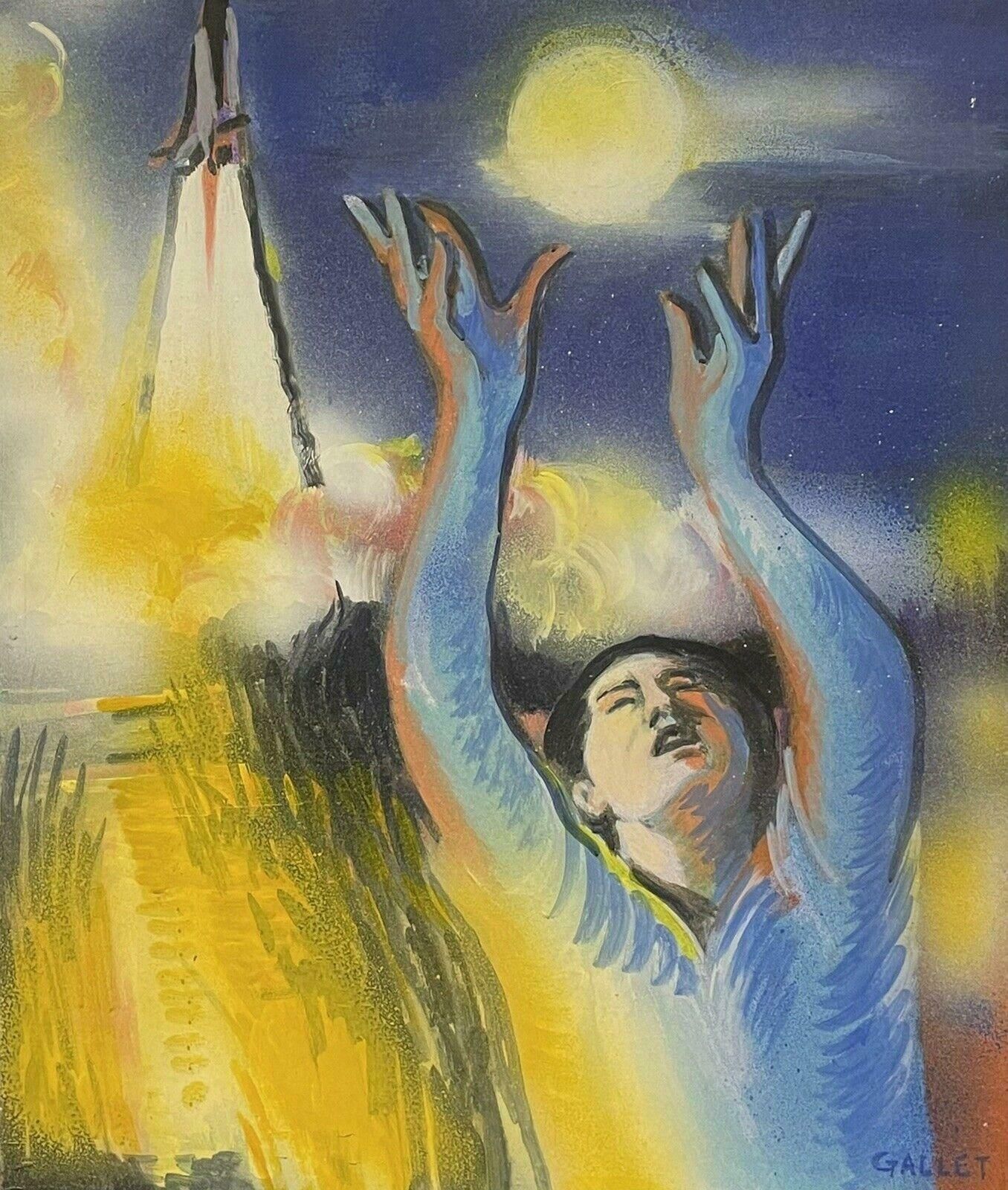 Josyne Gallethuge French Surrealist Fantasy Oil Painting Floating Figure Reaching For Moon