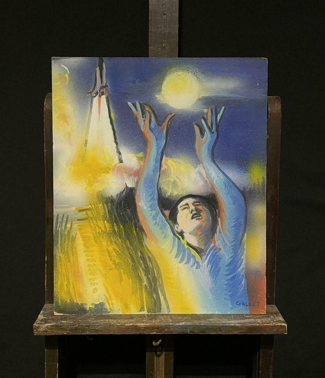 Josyne Gallethuge French Surrealist Fantasy Oil Painting Floating Figure Reaching For Moon photo furniture