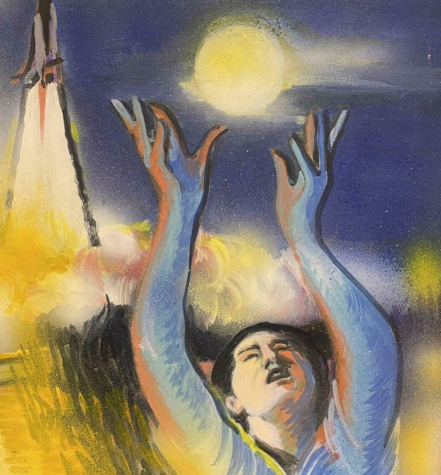 Josyne Gallethuge French Surrealist Fantasy Oil Painting Floating Figure Reaching For Moon photo for sale