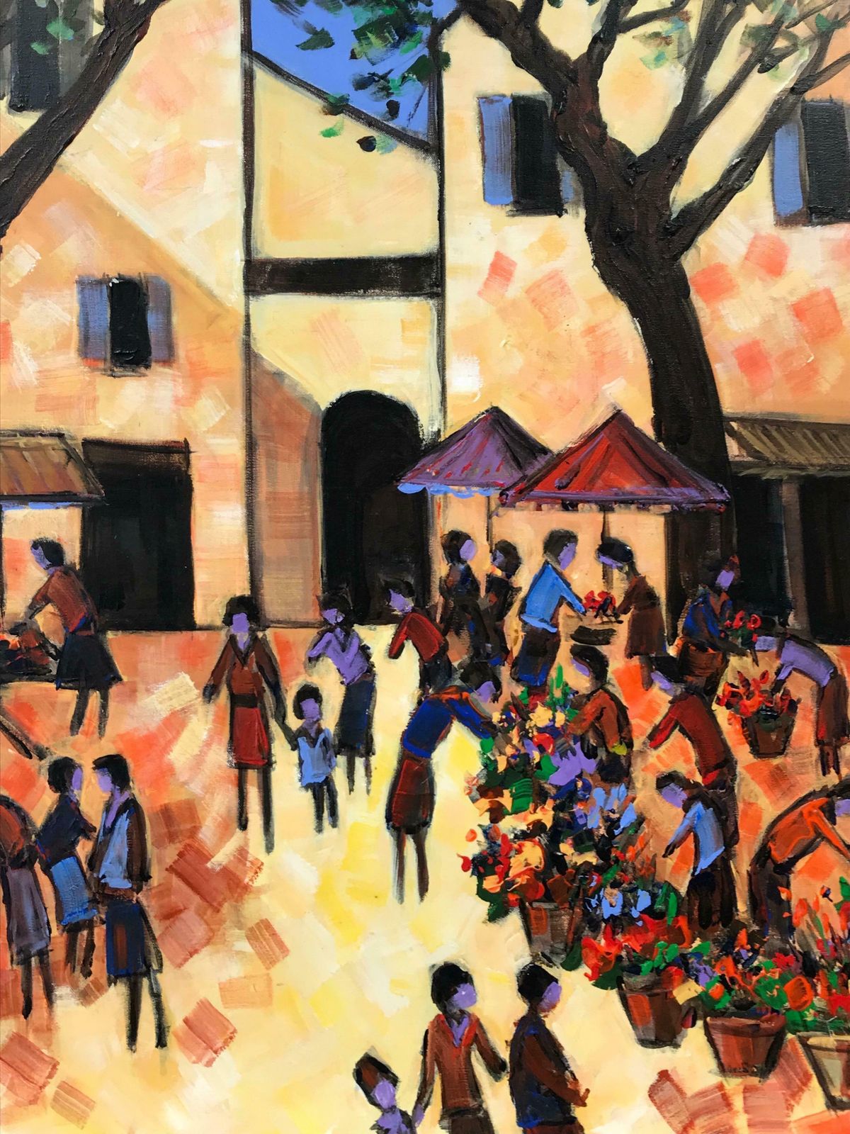 French Schoolprovencal Town Market Square Busy Scene With Many Figures With Flowersc. 2000 photo for sale