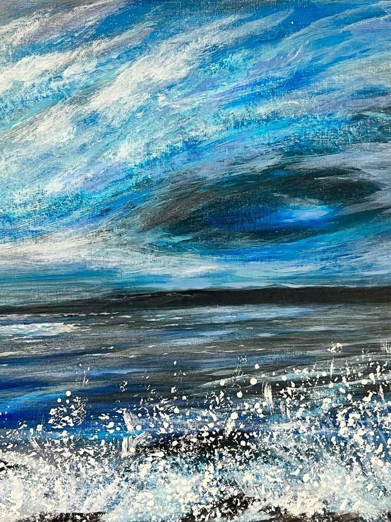Contemporary British Swirling Clouds Foaming Seas Colourful Modern British Bright Blue Sea Abstract photo furniture