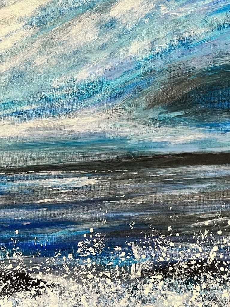 Contemporary British Swirling Clouds Foaming Seas Colourful Modern British Bright Blue Sea Abstract photo for sale
