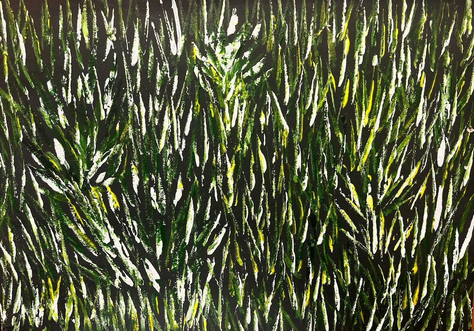 Contemporary British Very Thick Modern British Painting Green And White Yellow Long Wavy Grass