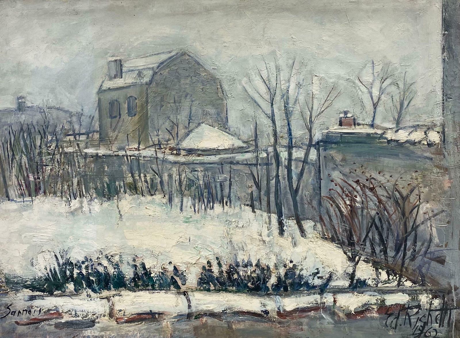 édouard Righetti (1924 2001)1960's French Post Impressionist Oil   Winter French Landscape In Sannois, Paris1960's