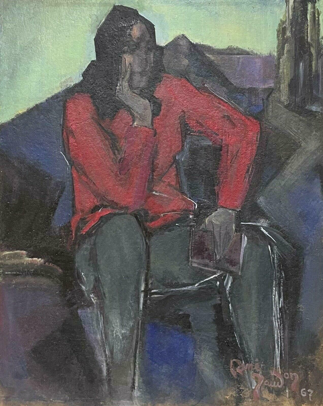 French School1960's French Modernist Signed Oil Painting   Figure In Red Jacket, Large Work