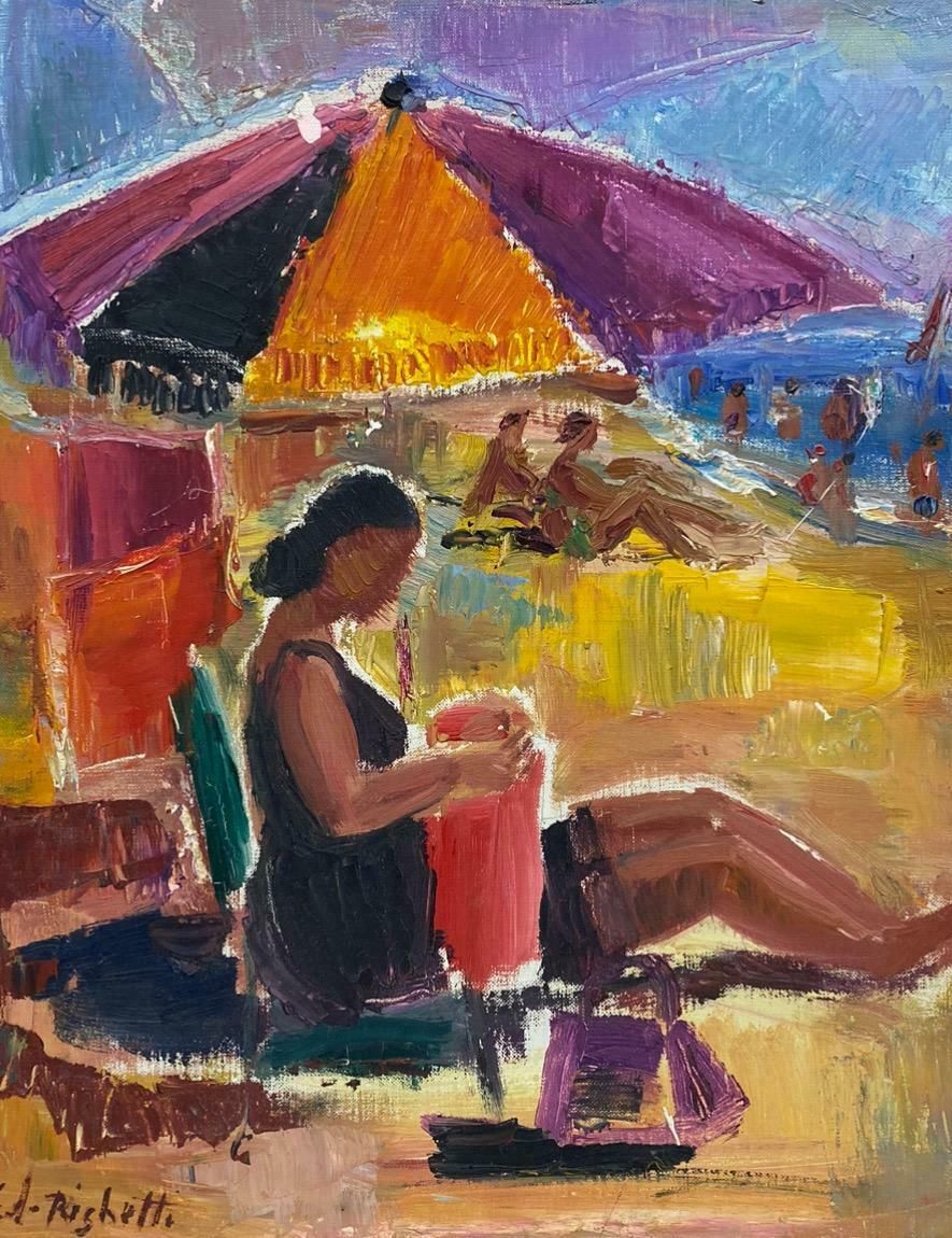 édouard Righetti (1924 2001)original French Mid Century Oil   Bright & Vibrant Sunbathing Beach Portrait1950's