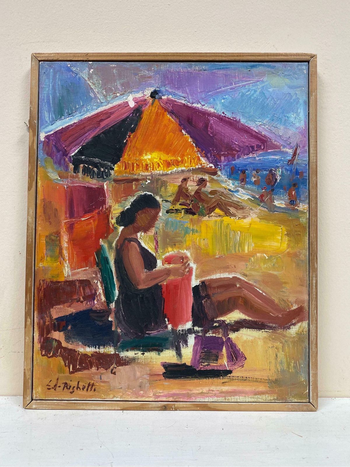 édouard Righetti (1924 2001)original French Mid Century Oil   Bright & Vibrant Sunbathing Beach Portrait1950's photo furniture