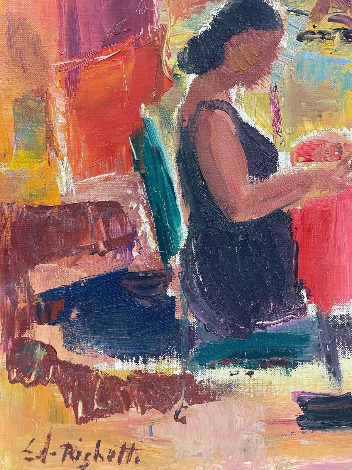 édouard Righetti (1924 2001)original French Mid Century Oil   Bright & Vibrant Sunbathing Beach Portrait1950's photo 484.0