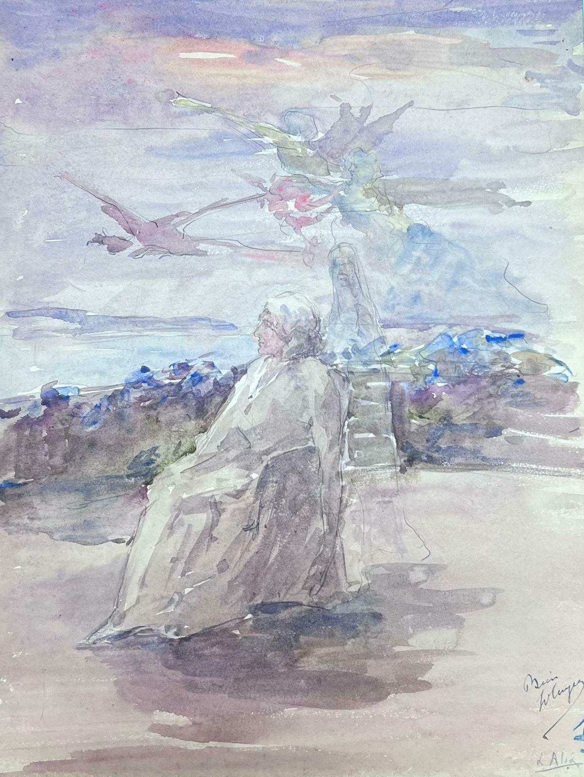 Louise Alix1930's French Impressionist Angels Flying Over Figure Sat On Terrace1930's photo furniture