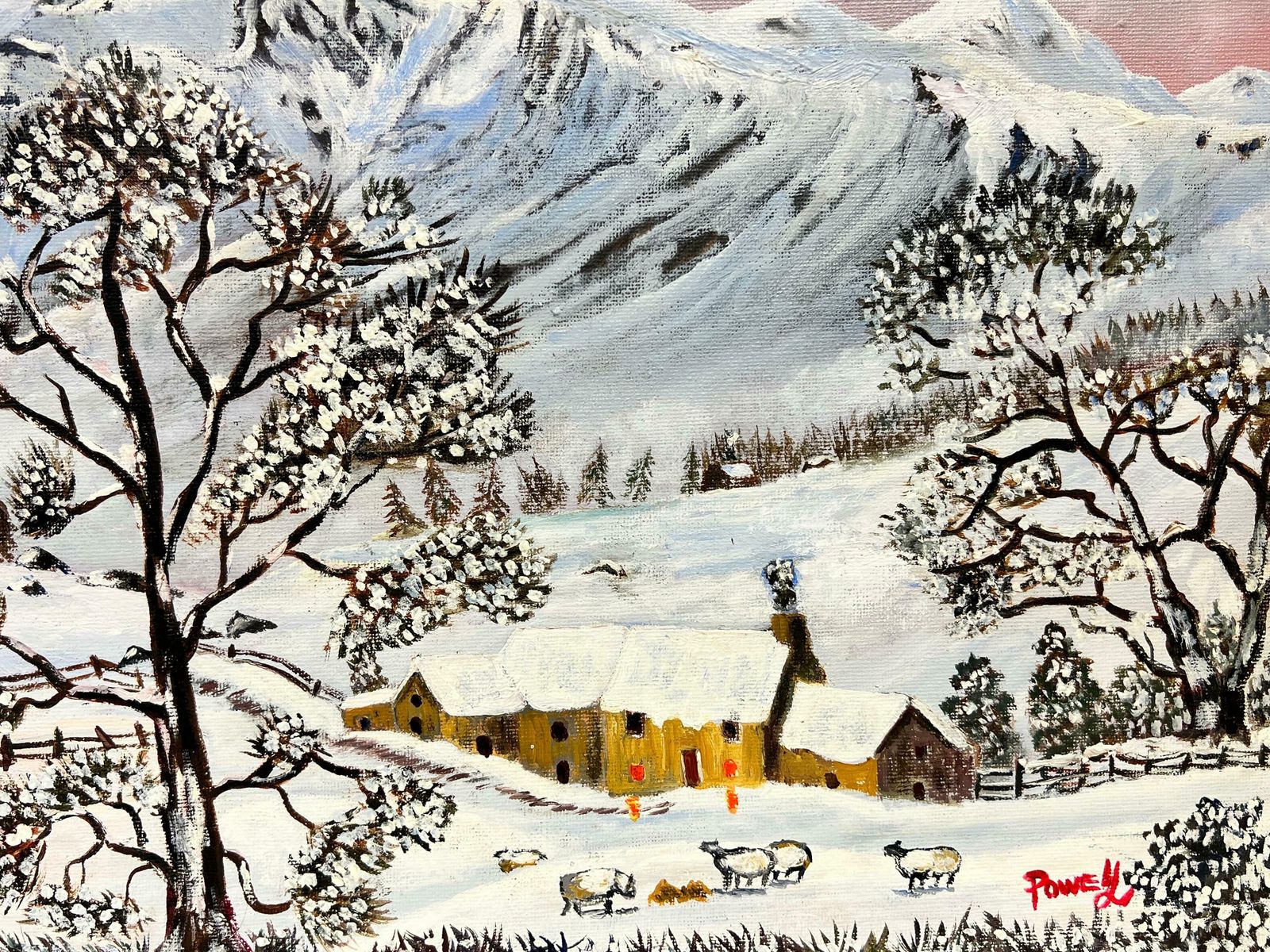 Ben Powellwelsh Winter Landscape Sheep In Valley Covered In Snow Original British Oil photo vinterior