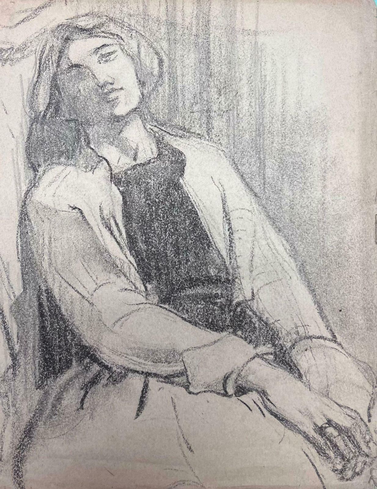 Louise Alixfrench Impressionist Laid Back Lady Portrait Pencil Sketch Painting1930's photo furniture