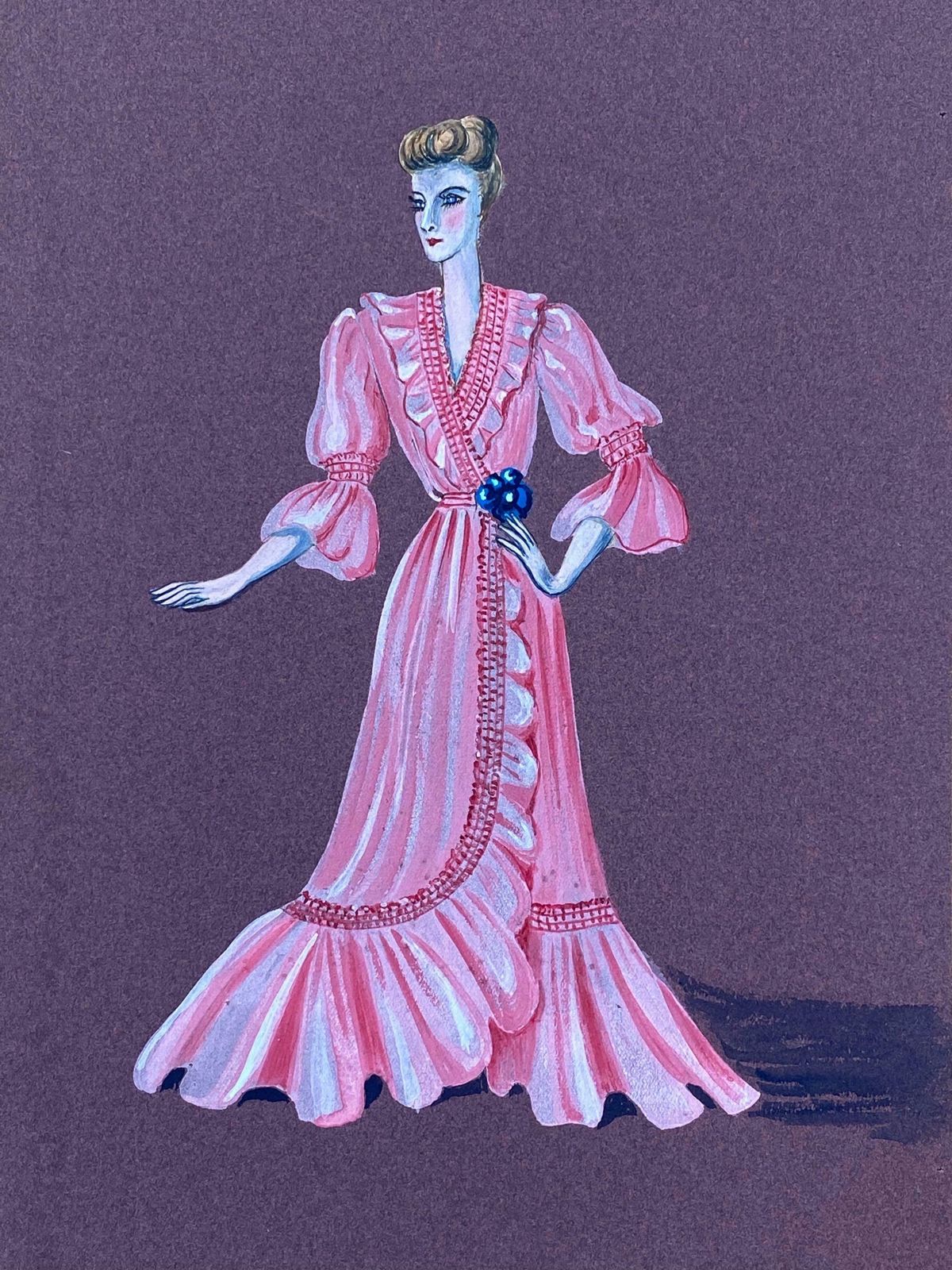 Geneviève Thomas1940's Fashion Illustration   Posed Lady In Vibrant Pink Dressc. 1940's