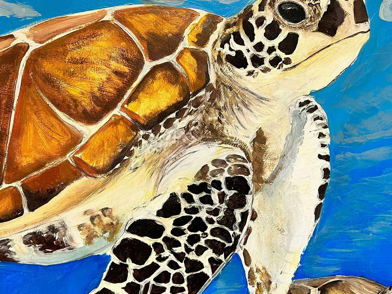 British Contemporarysea Turtles Swimming In Blue Sea Large Contemporary British Painting On Canvas photo vintage