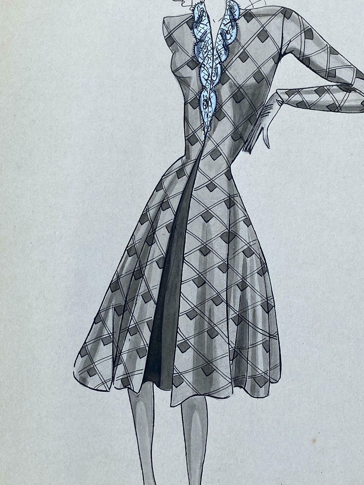 Geneviève Thomas1940's French Fashion Illustration   Chic Lady In Blue Detailed Dressc. 1940's photo furniture