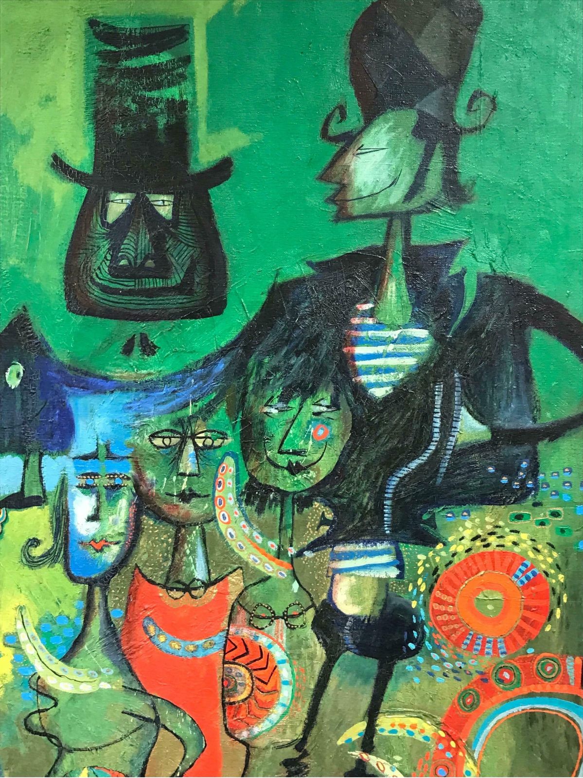 20th Century French School1960's French Modernist Oil Painting Green Background With Bizarre Figures1960's photo for sale