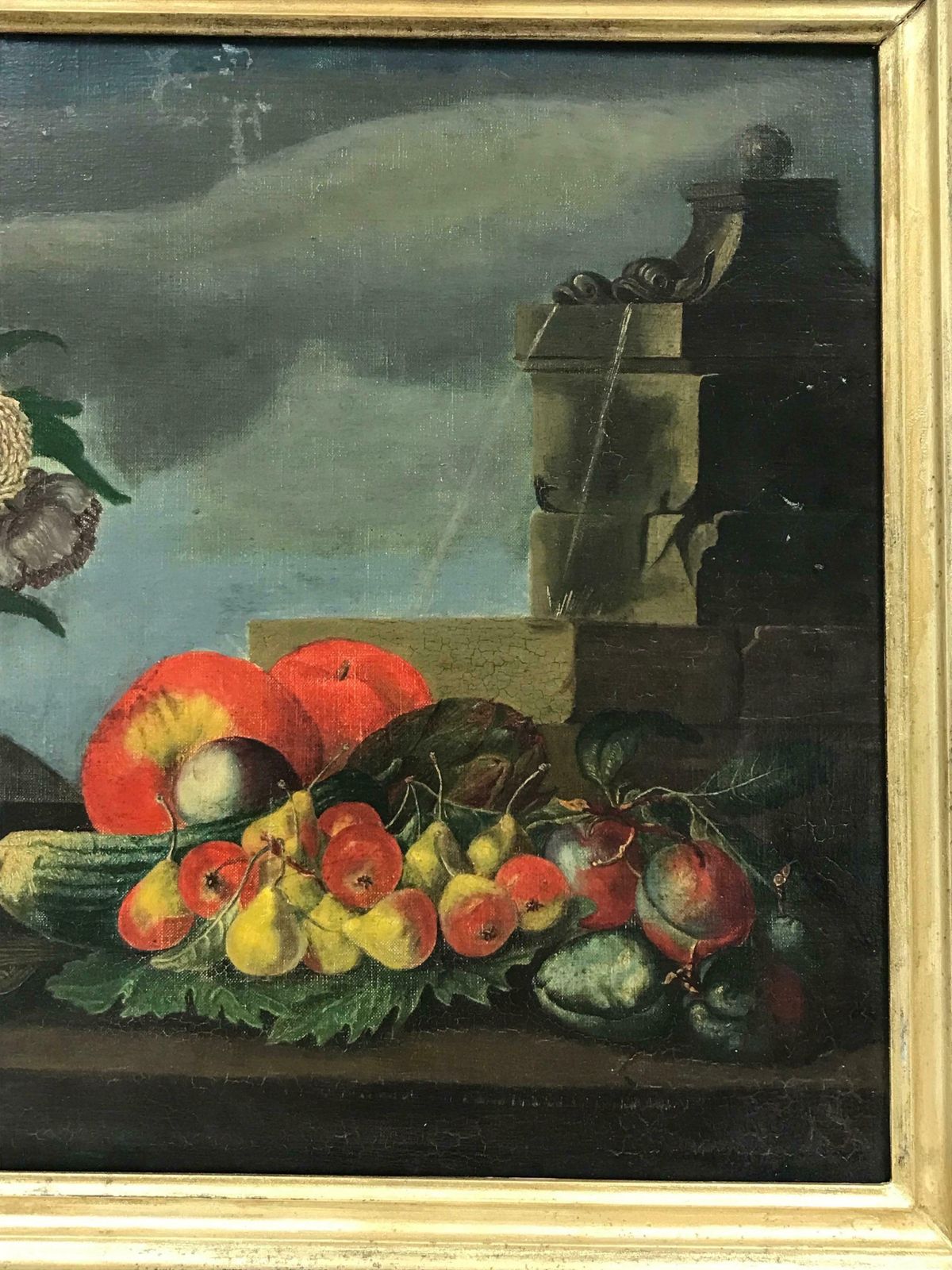 French School19th Century French Oil, Ornamental Flowers & Fruit Still Life Classical Setting photo for sale