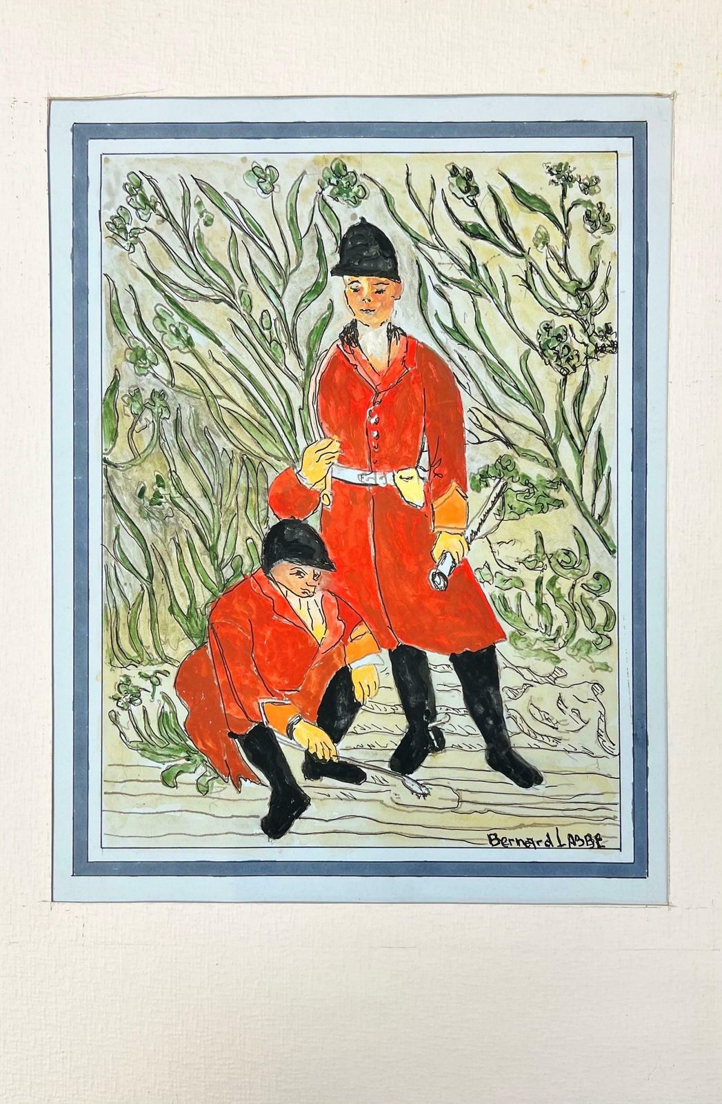 Bernard Labbe1950's Modernist/ Cubist Painting   Two Hunts Men1950's