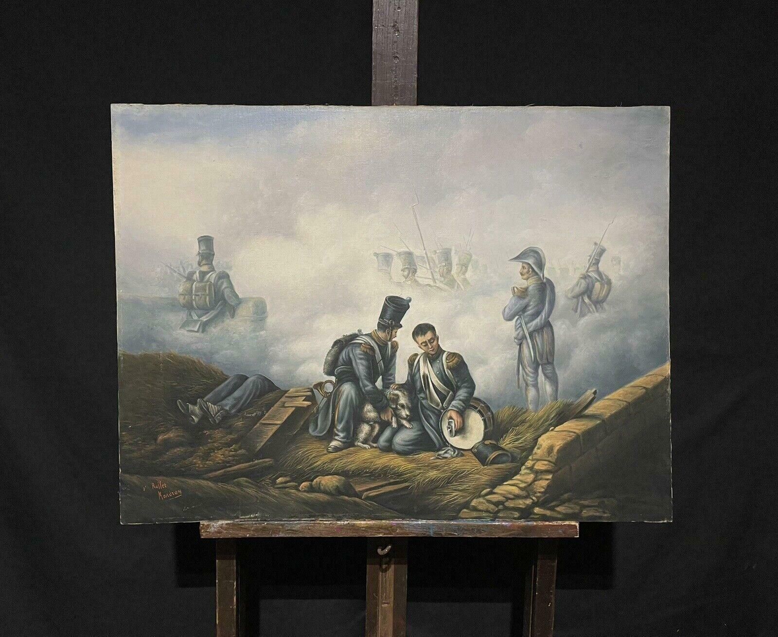 French Schoollarge 19th Century French Oil Battlefield Soldiers & Wounded Dog Scene, Waterloo19th Century photo furniture