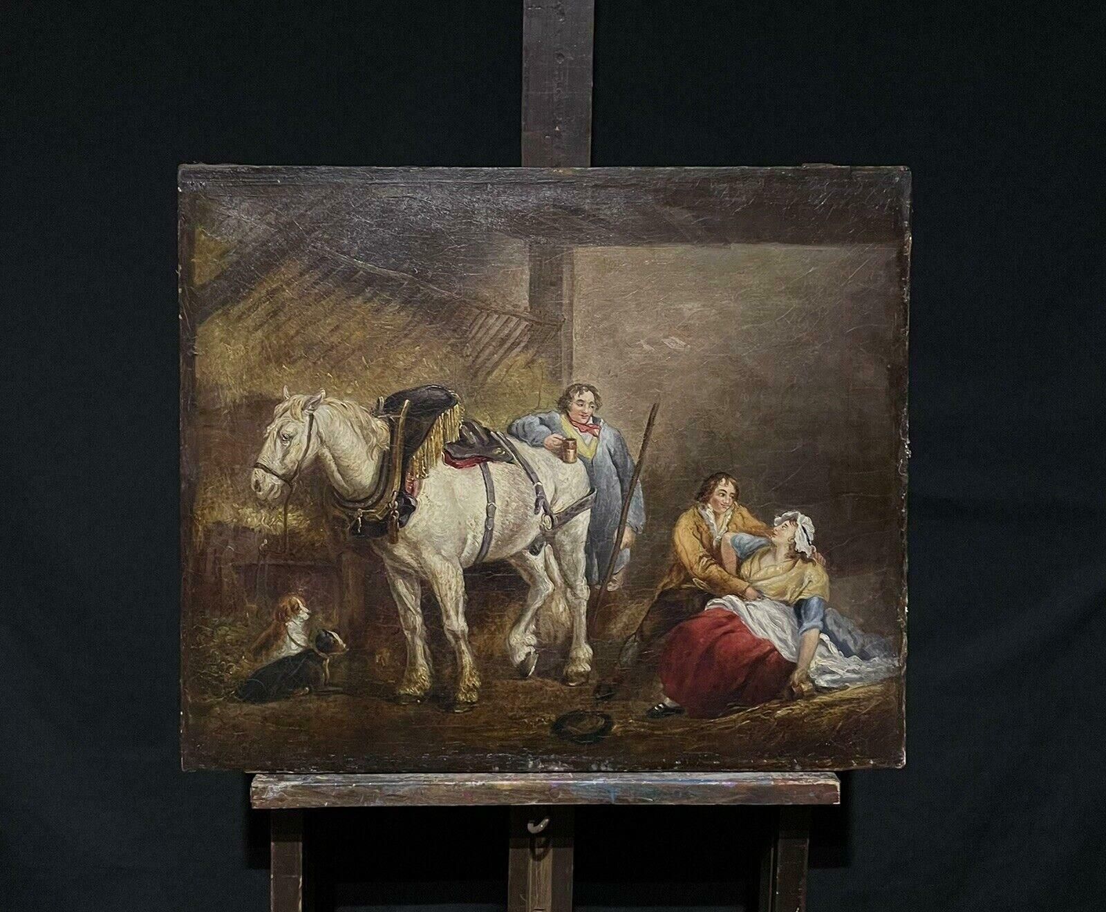 Large Early 1800's English Oil Painting Figures Carousing In Stable Interior photo furniture