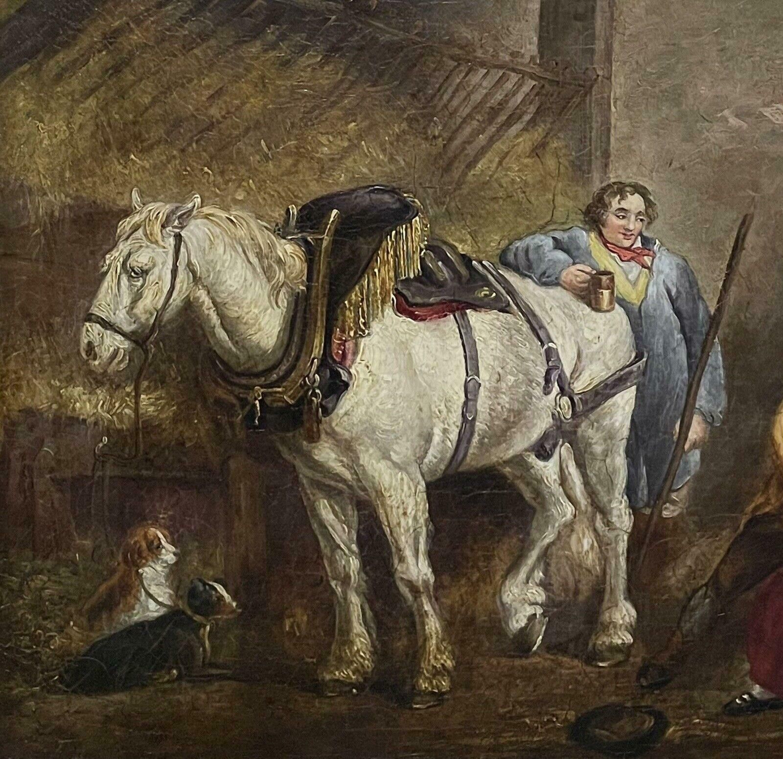 Large Early 1800's English Oil Painting Figures Carousing In Stable Interior photo for sale