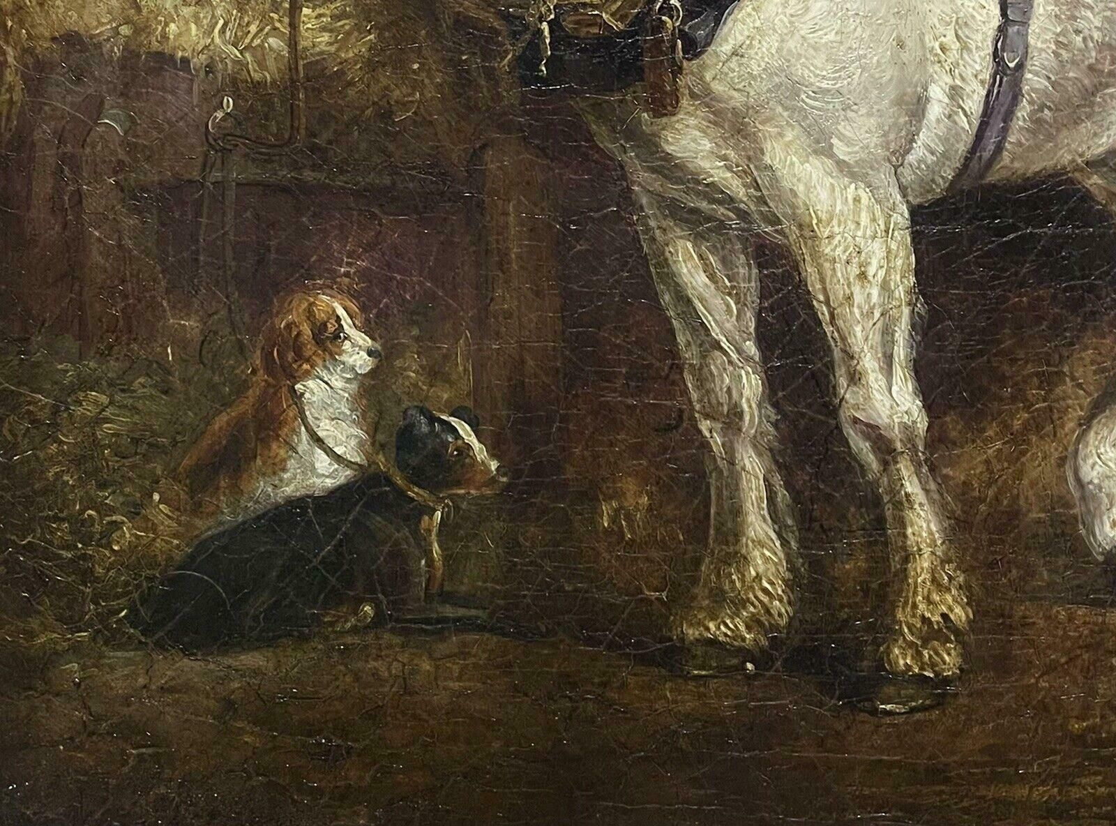 Large Early 1800's English Oil Painting Figures Carousing In Stable Interior photo Art