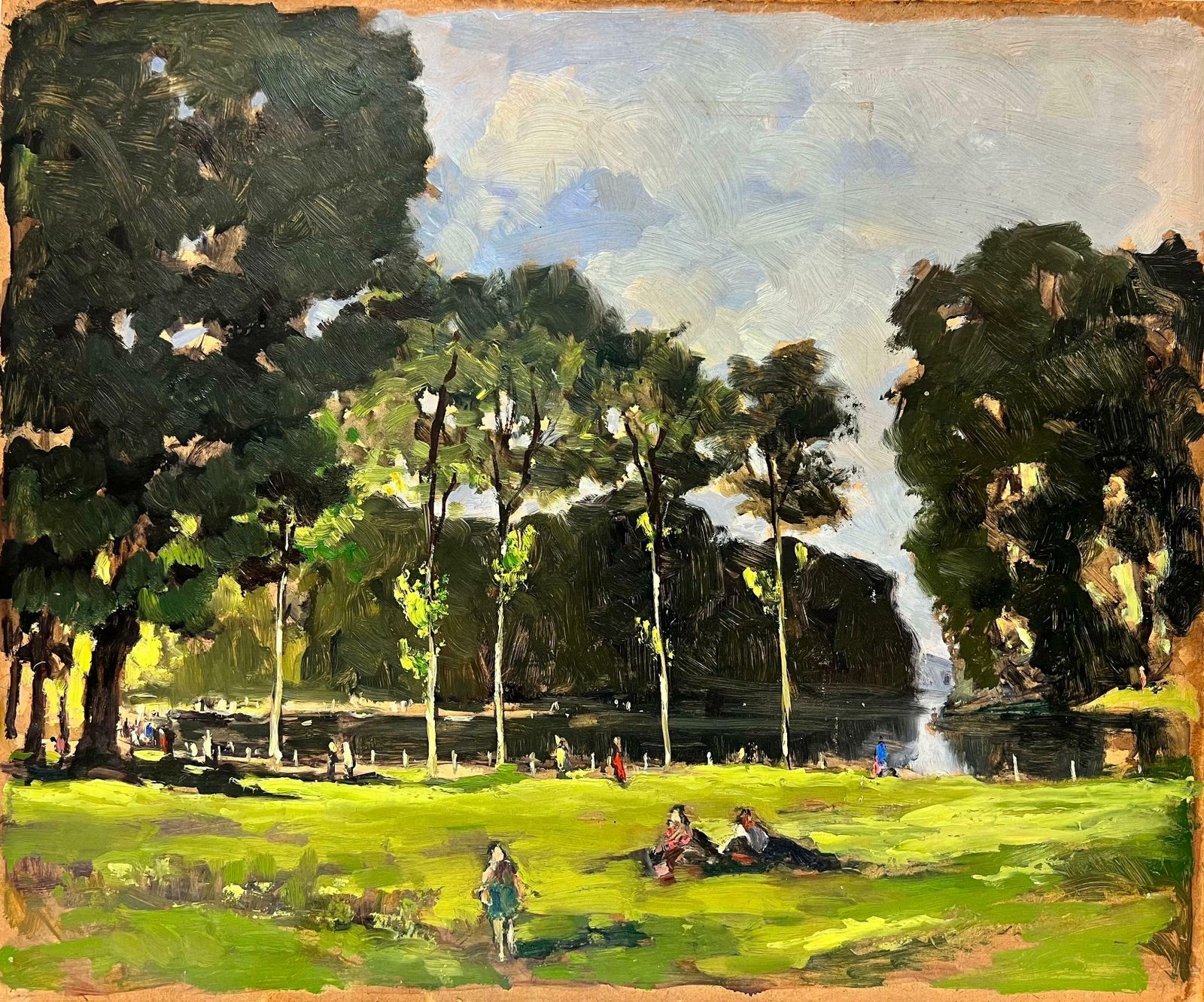 Amédée Boucher 1950's French Impressionist Oil Figures Enjoying Picnic By Lake, Green Meadows