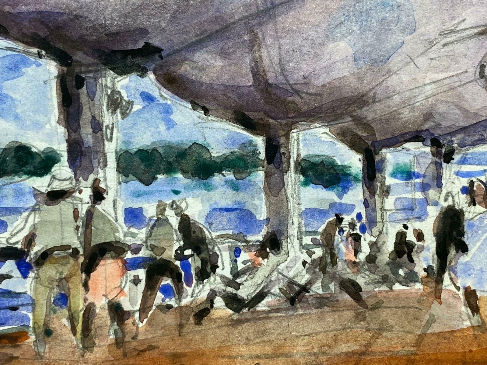 Maurice Mazeiliefrench Impressionist Signed Watercolour   Figures At A Busy Beach Bar photo vinterior
