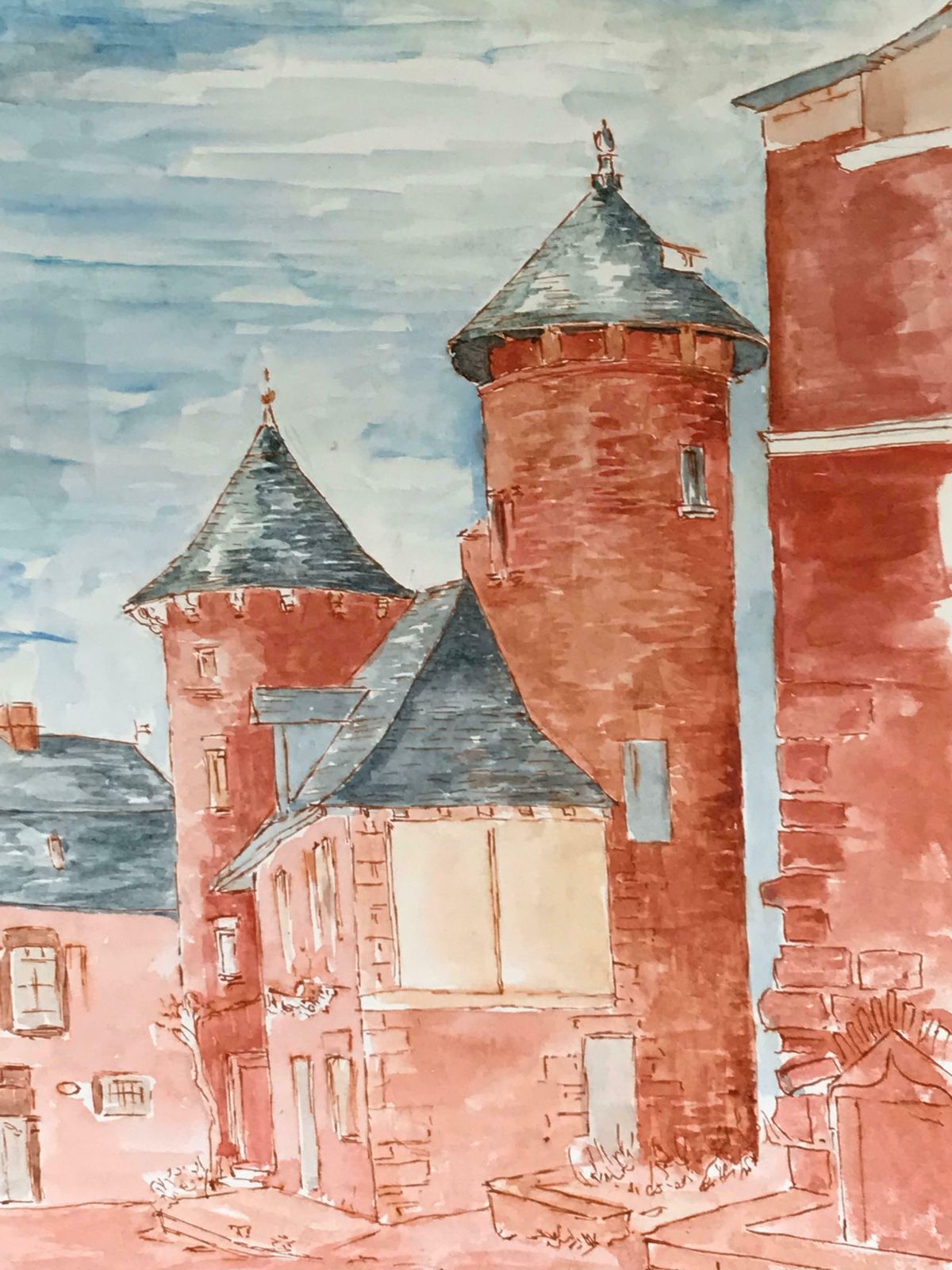 Bernard Labbe1950's Modernist/ Cubist Painting   Red & Blue French Buildings Watercolour 1950's photo furniture