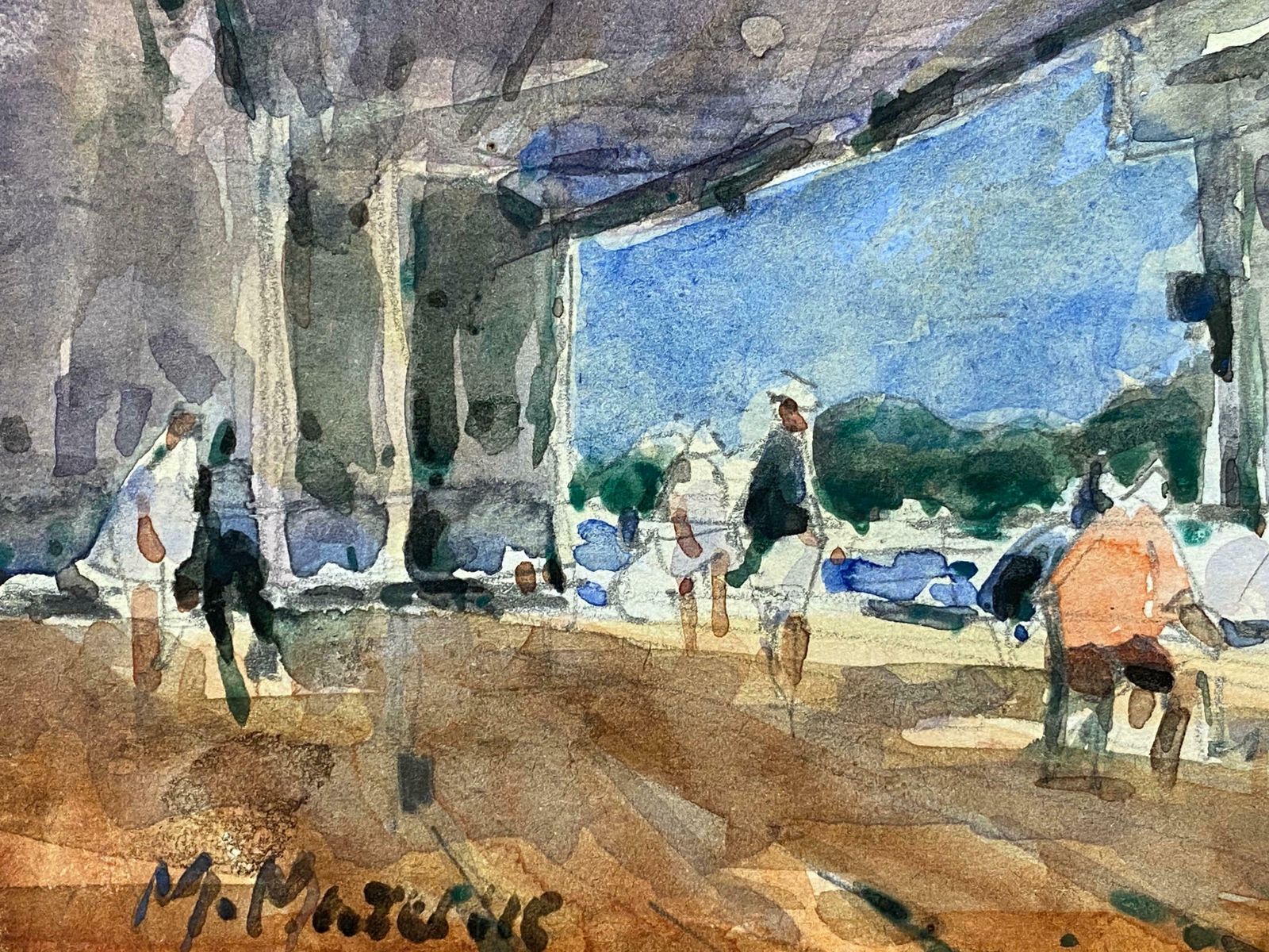 Maurice Mazeiliefrench Impressionist Signed Watercolour   Figures At The Pier photo Art
