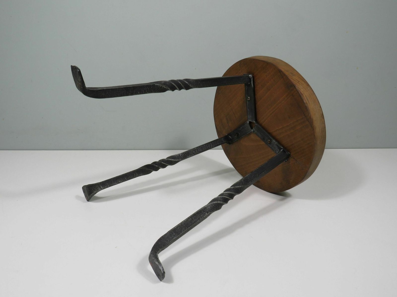 3 Legged Stool With Thick Oak Seat And Wrought Iron Base, France1960 photo Furniture