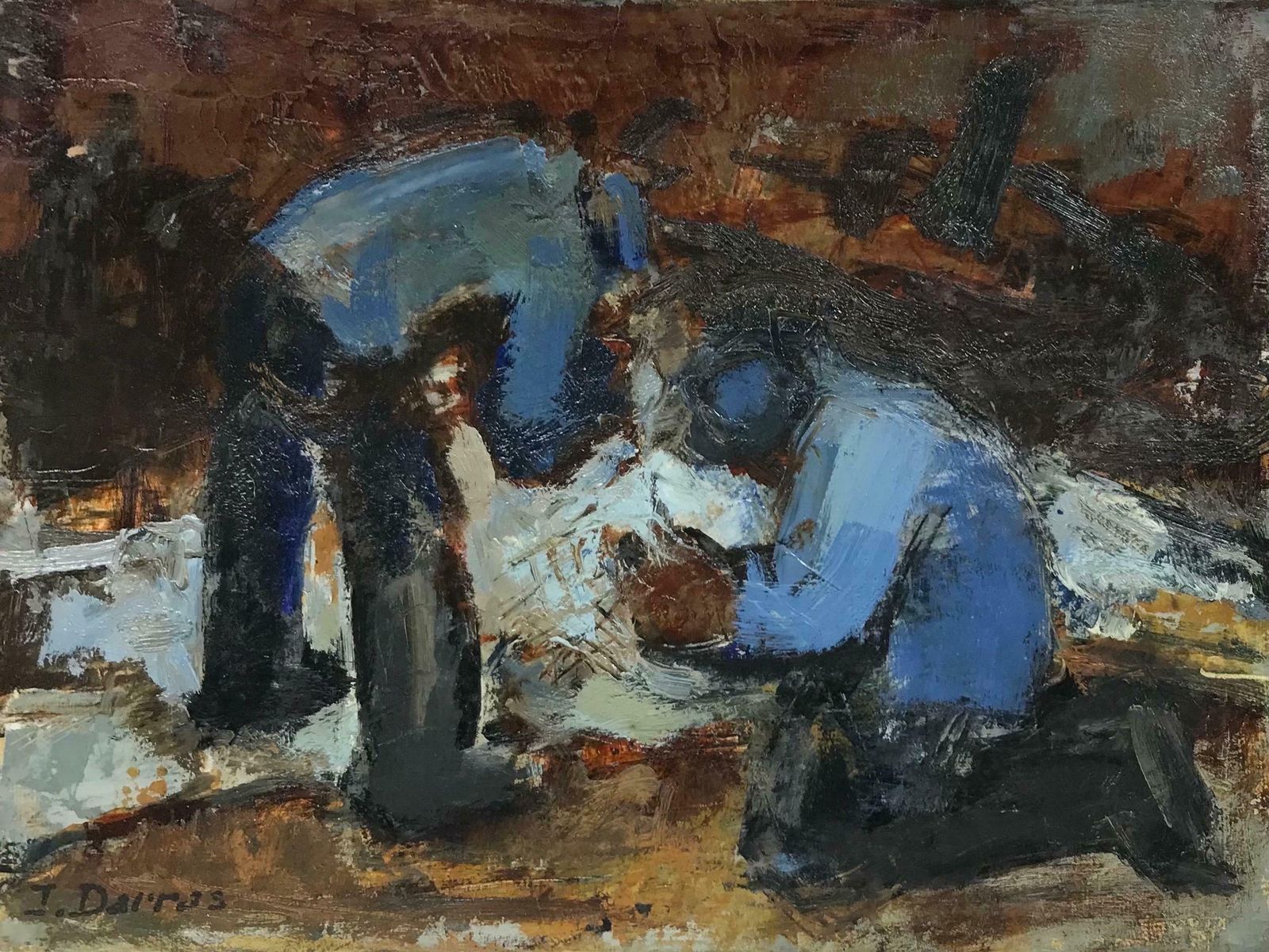 J. Darras French 20th Century Modernist Signed Oil Men In Blue Jackets Working photo for sale
