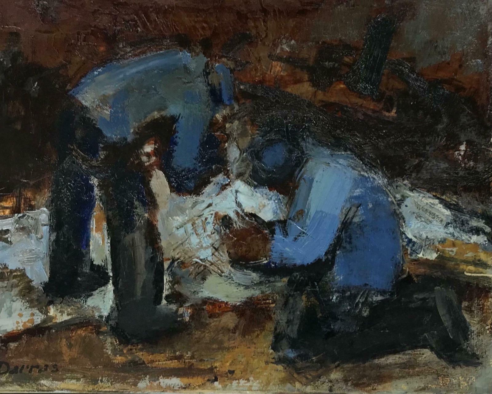 J. Darras French 20th Century Modernist Signed Oil Men In Blue Jackets Working photo 995.0