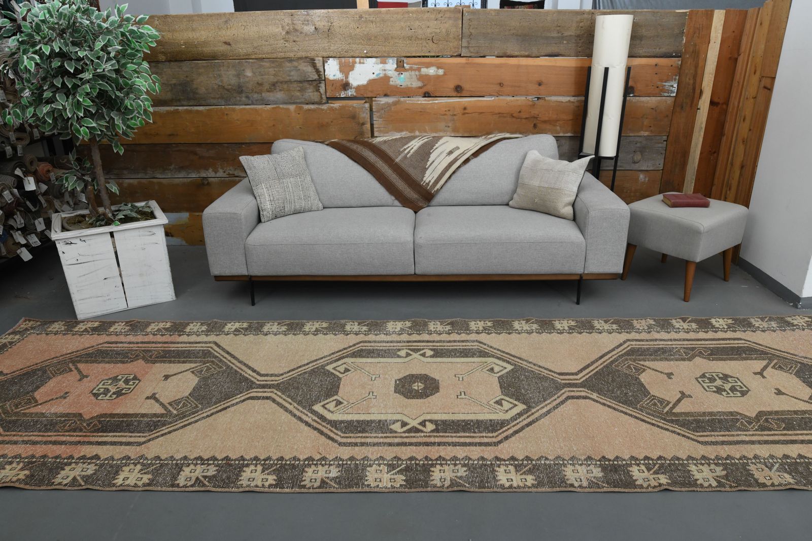 121x431 Cm Vintage Oushak Turkish Runner, Hanmade Wool Rug, Hallway Rugs, Kitchen Runners, Orange Brown Carpet photo vinterior