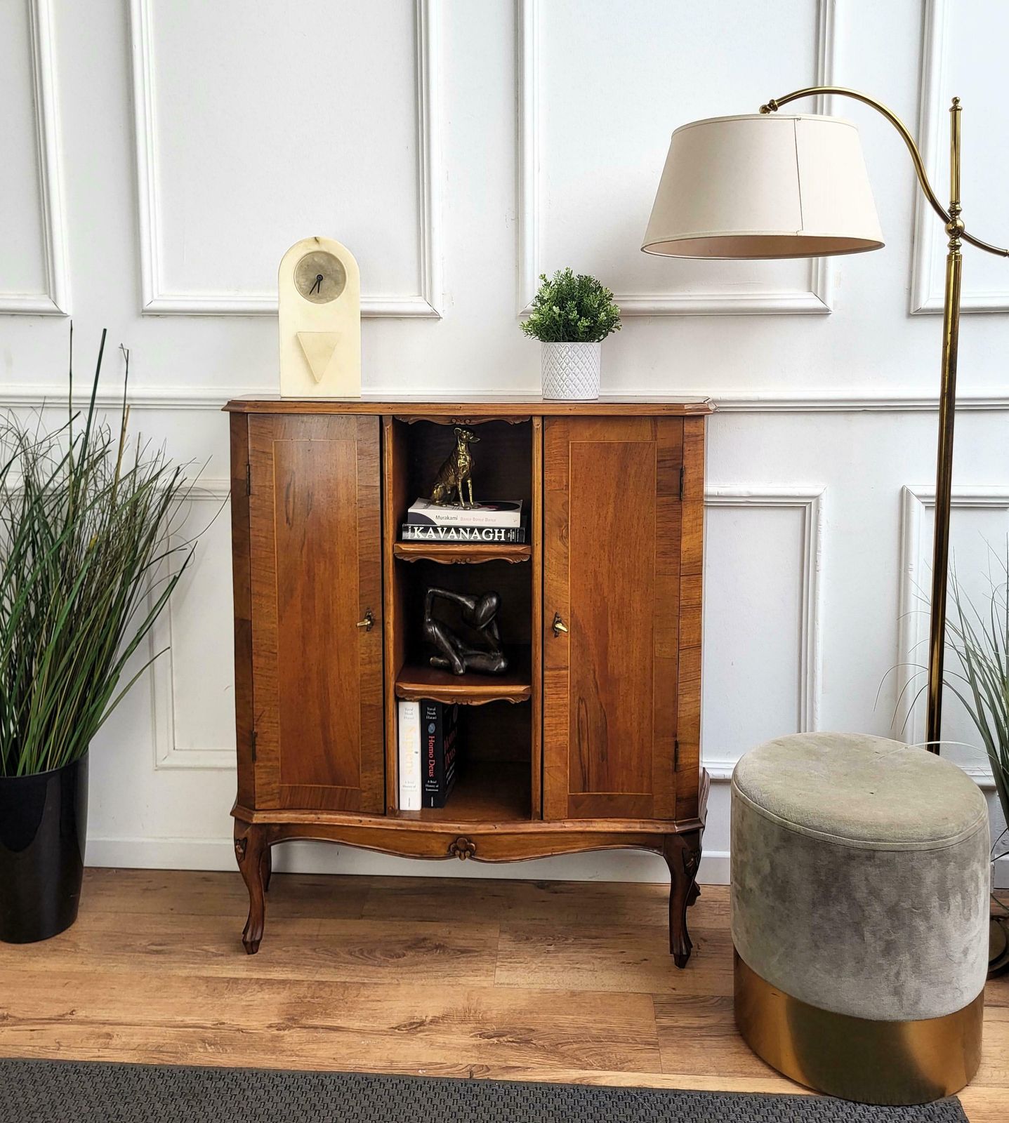 Midcentury Italian Walnut Burl Wood Three Shelves Bookcase Library photo furniture