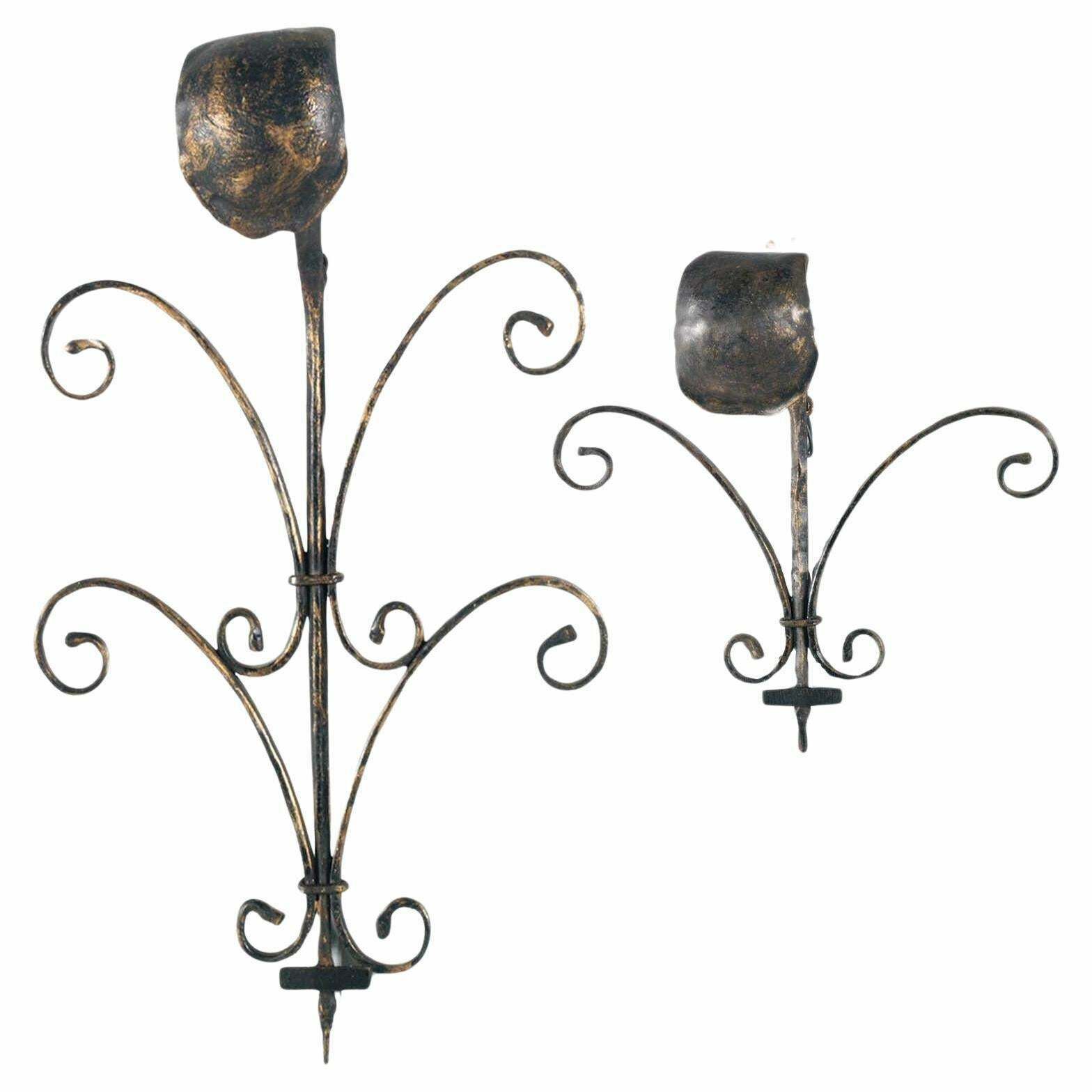 Early 1900s Wrought Iron Wall Lamps Black Color With Golden Reflections
