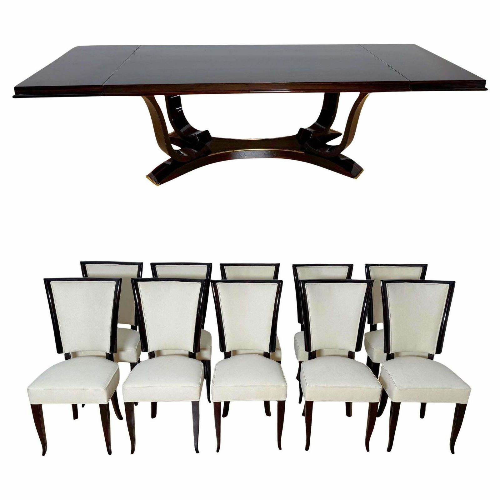 Art Deco Dining Table With 10 Chairs, Macassar Ebony, Brass, Paris Circa 1930