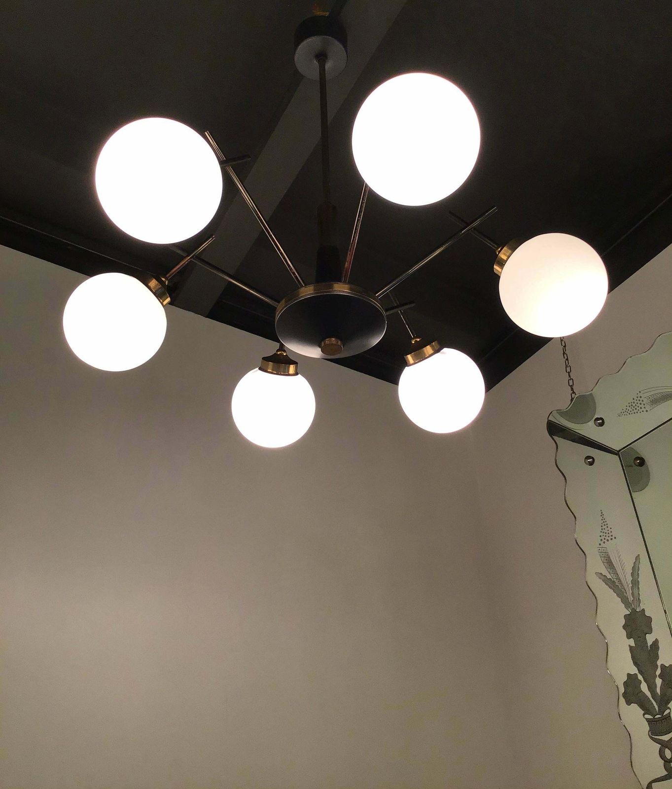 Stilnovo Chandelier 6 Light Brass Metal Opaline Glass, 1955, Italy photo vinterior