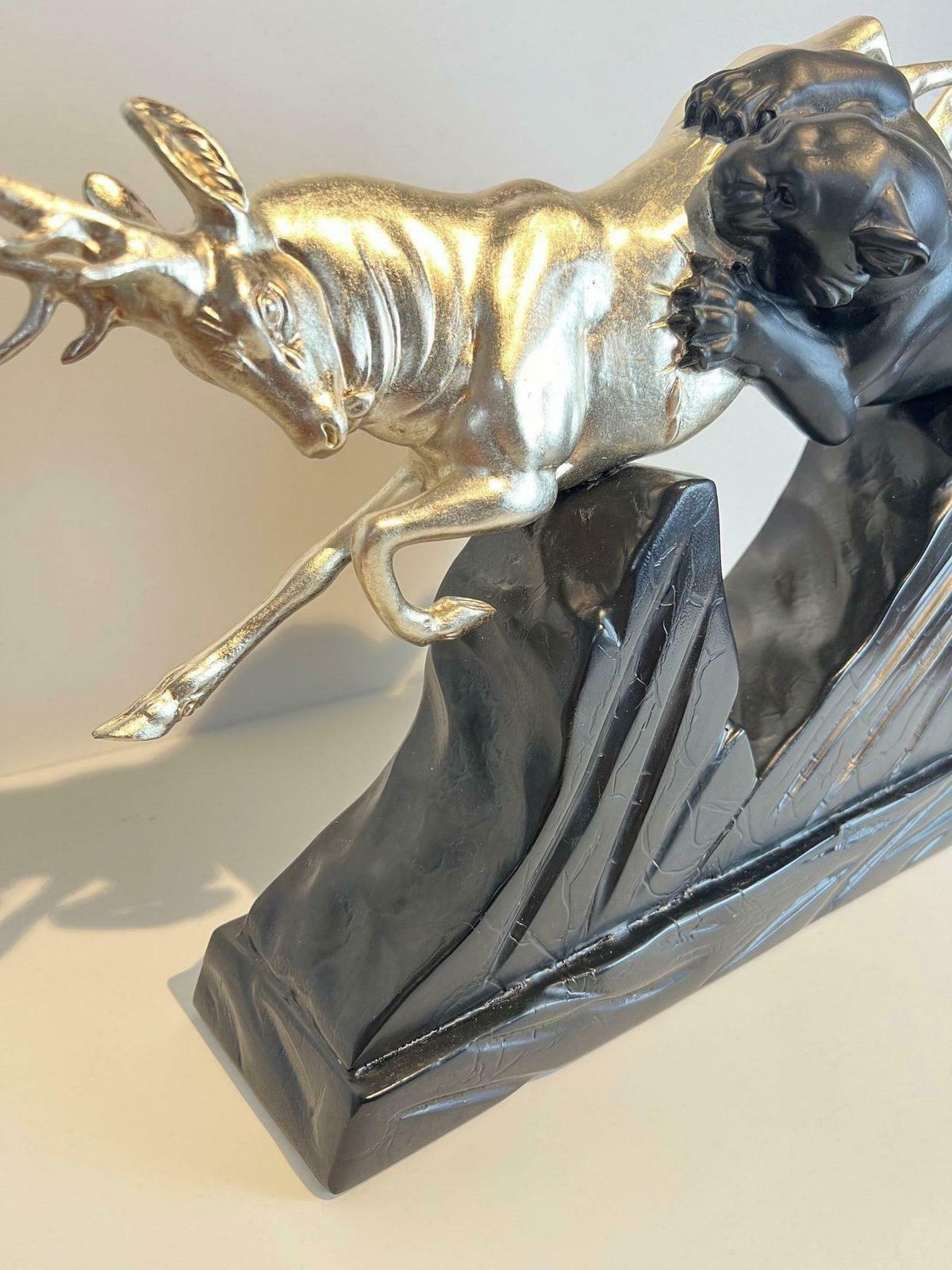 photo furniture Art Deco Sculpture Of A Deer And Panther By Rochard, White Gold, France C. 1930