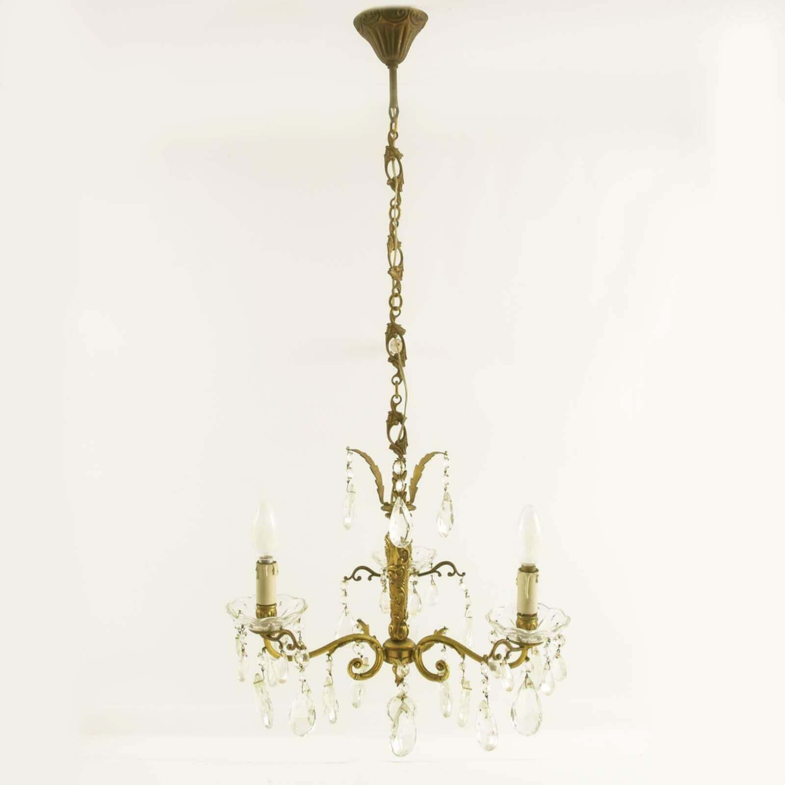 Art Nouveau Three Light Chandelier In Gilded Bronze And Swarowski Pendants photo 2746.0
