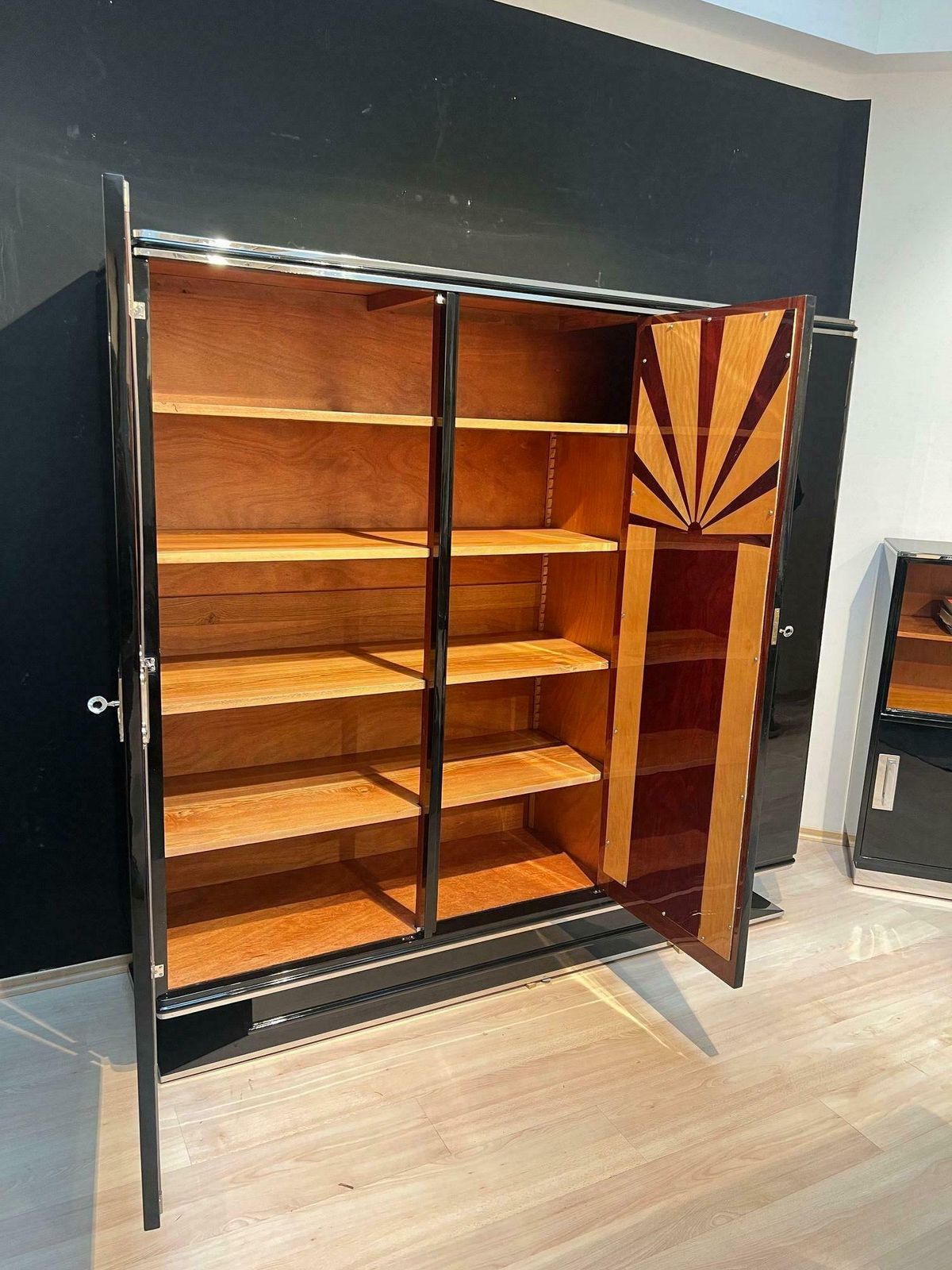 Art Deco Wardrobe Armoire, Black Lacquer, Mahogany, Chrome, France Circa 1930 photo furniture