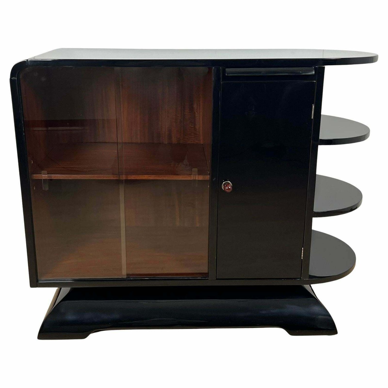 Art Deco Half Cabinet, Black Lacquer, Mahogany, France Circa 1930