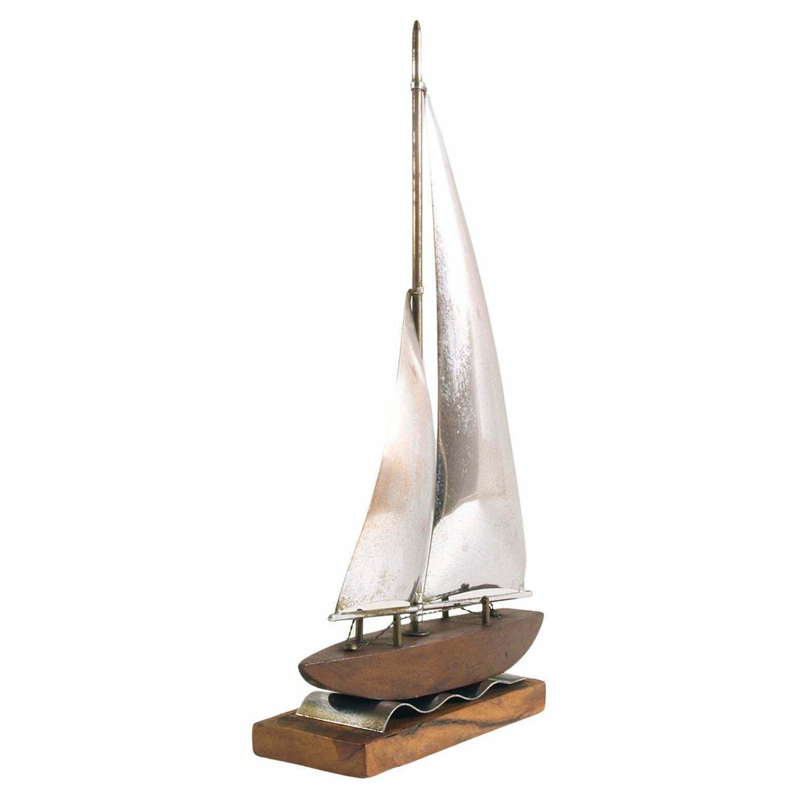 1920s Art Deco Sailing Boat In Wood And Silvered Brass By Carlo Mazzolini Padova