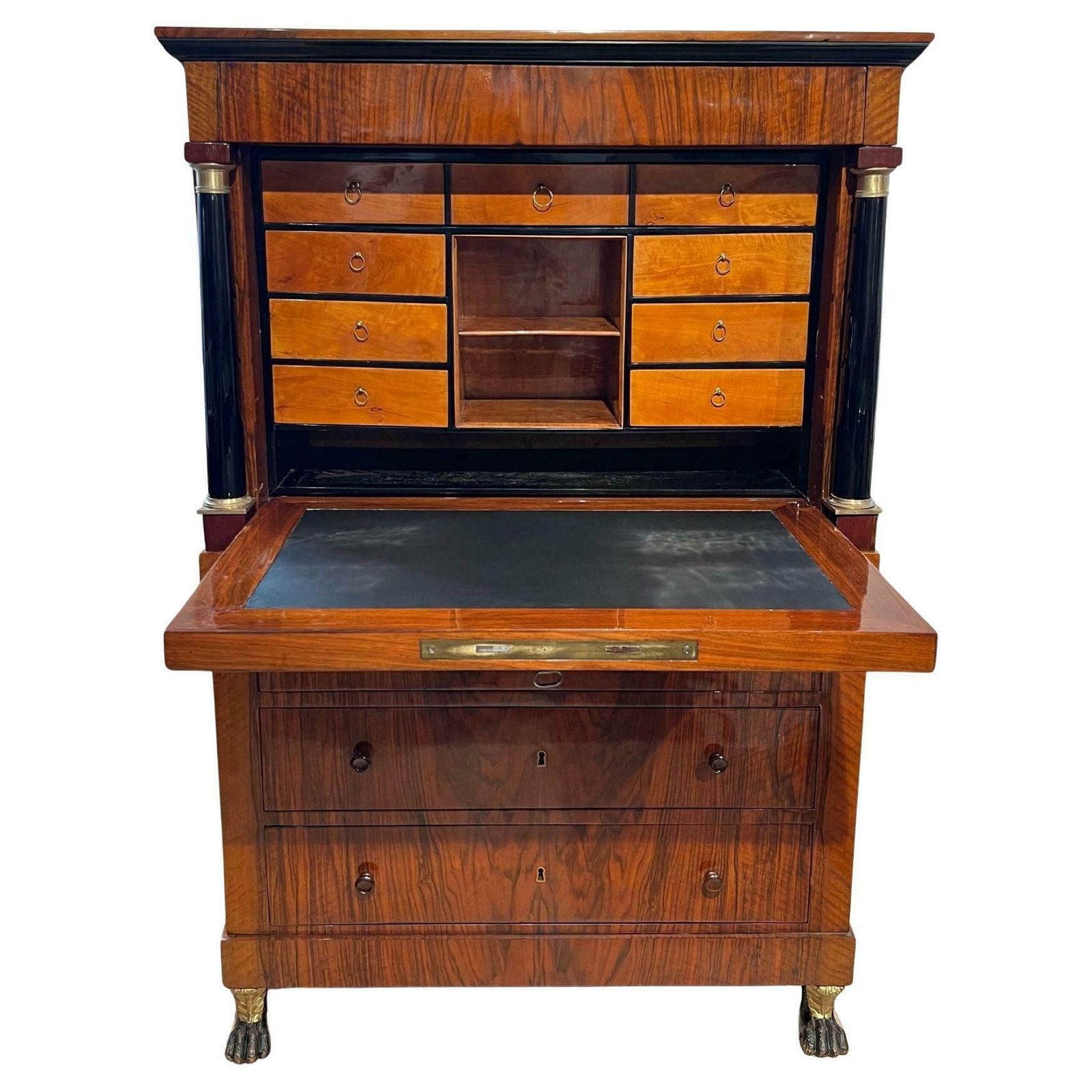Biedermeier Secretaire, Walnut, Maple, Paw Feet, Austria Circa 1820