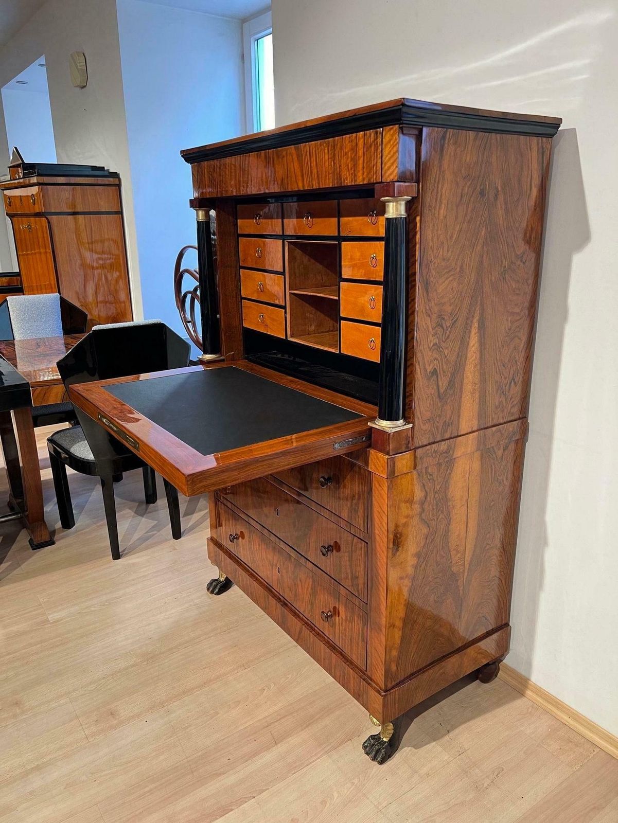 photo for sale Biedermeier Secretaire, Walnut, Maple, Paw Feet, Austria Circa 1820