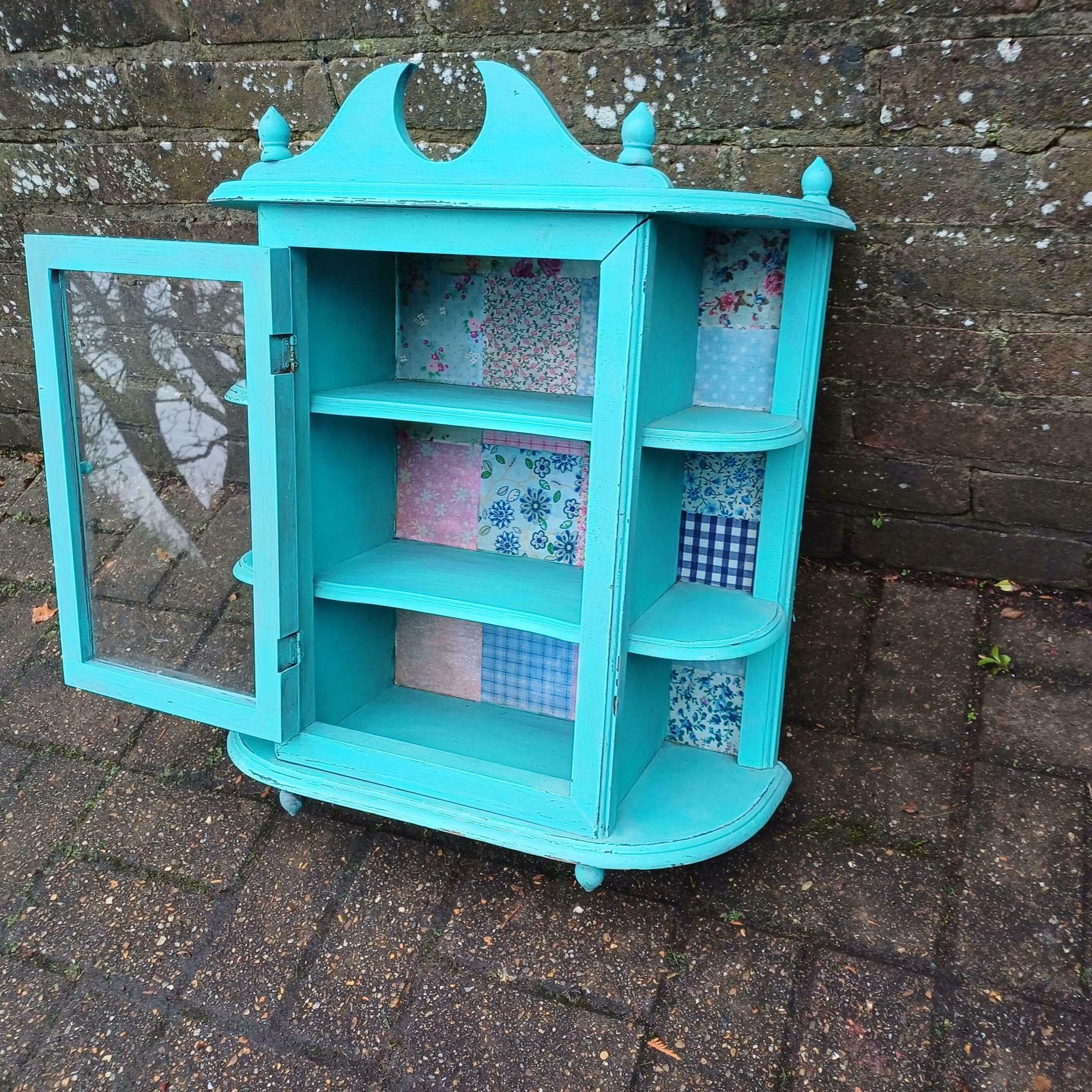 Bespoke Upcycled Glazed Display Cupboard In Turquoise With Decoupage Decoration Shabby Chic Chintz. photo vintage