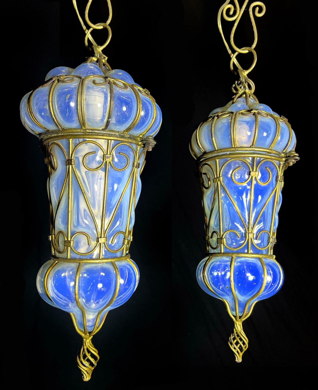 Charming Pair Of Venetian Opal Glass Lanterns And Sconce, Murano, 1950 photo furniture