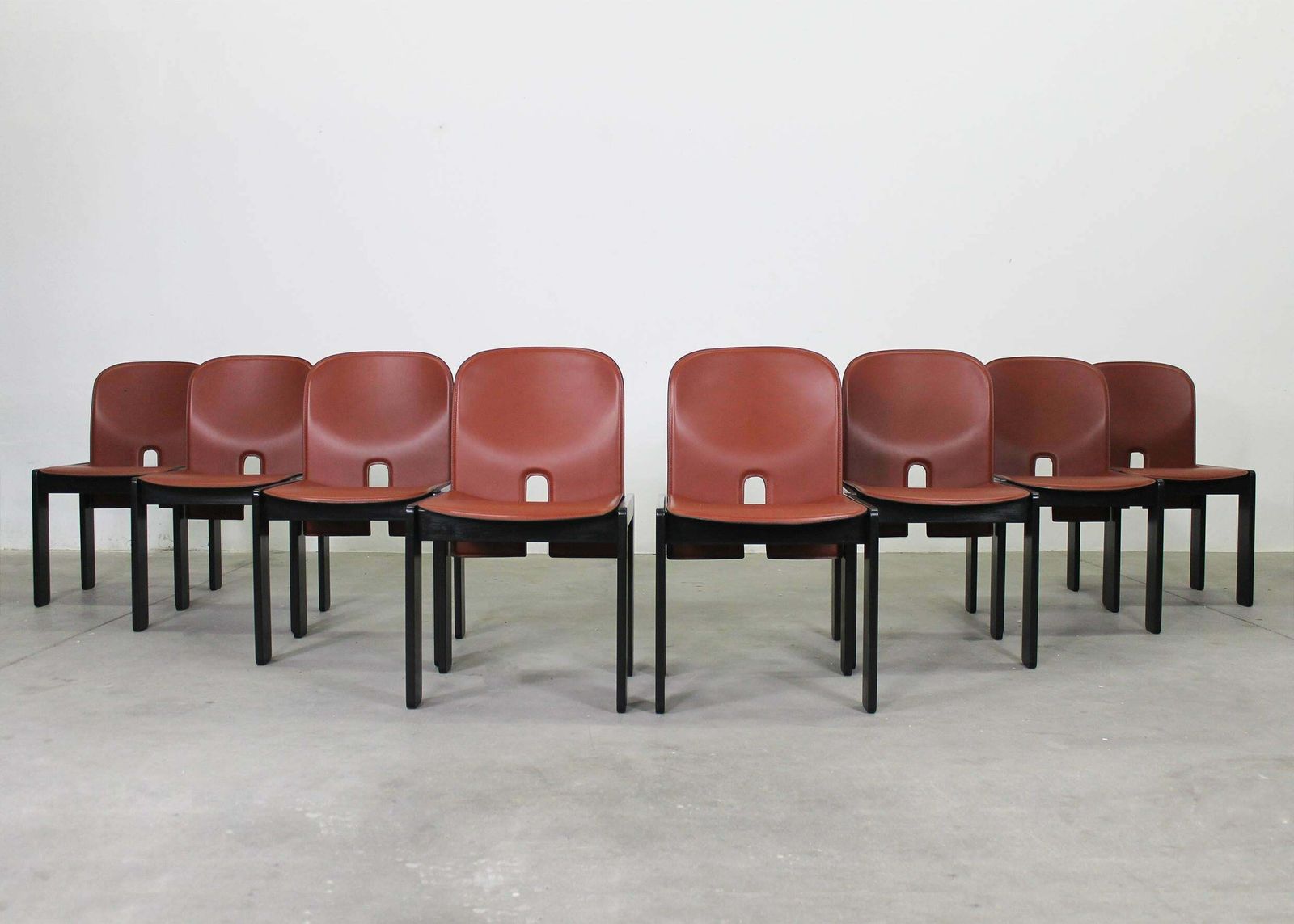 Tobia & Afra Scarpa Set Of Eight 121 Chairs In Wood And Leather By Cassina 1970s photo furniture