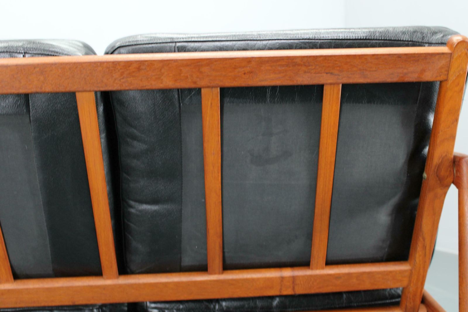 Furniture 1960s Kai Kristiansen Paper Knife 3 Seater Teak Sofa In Leather , Denmark photo
